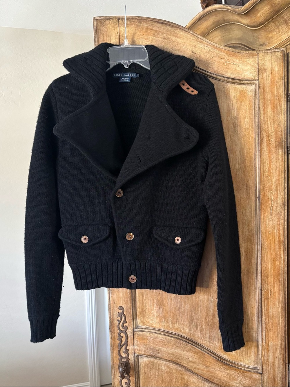 Ralph Lauren Black Shawl-Collar Knit 70% Virgin Wool/30% Cashmere Pea Coat Style
